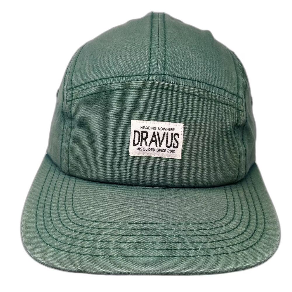 Dravus 5 Panel Green Hat Slideback One Size Brown Leather Patch Adjustable Logo